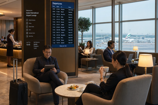 freqent travellers in dubai airport lounge