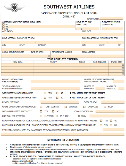 Baggage Claim Form Southwest