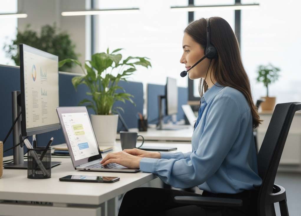 a customer service agent working on her laptop