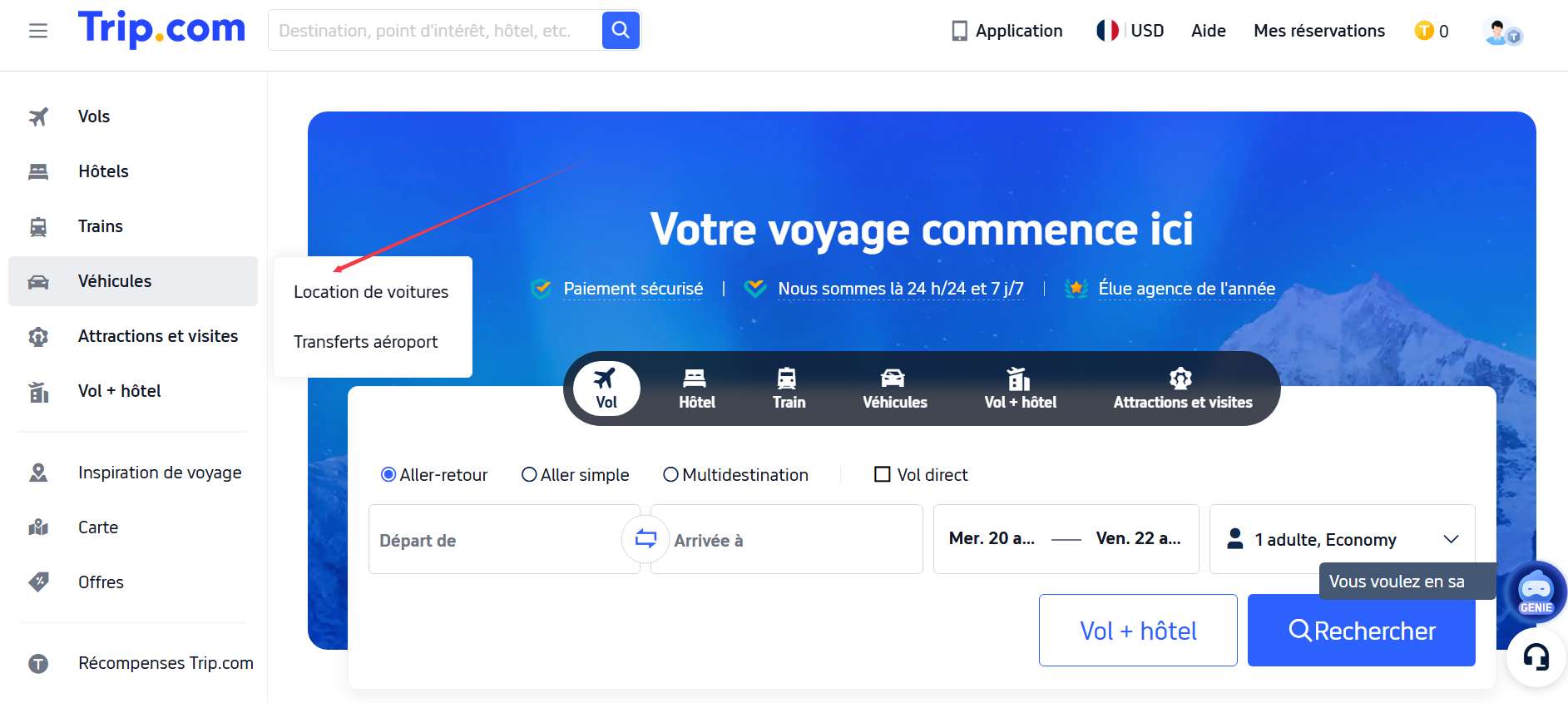 Dans le menu principal, cliquez sur « Location de voiture ».