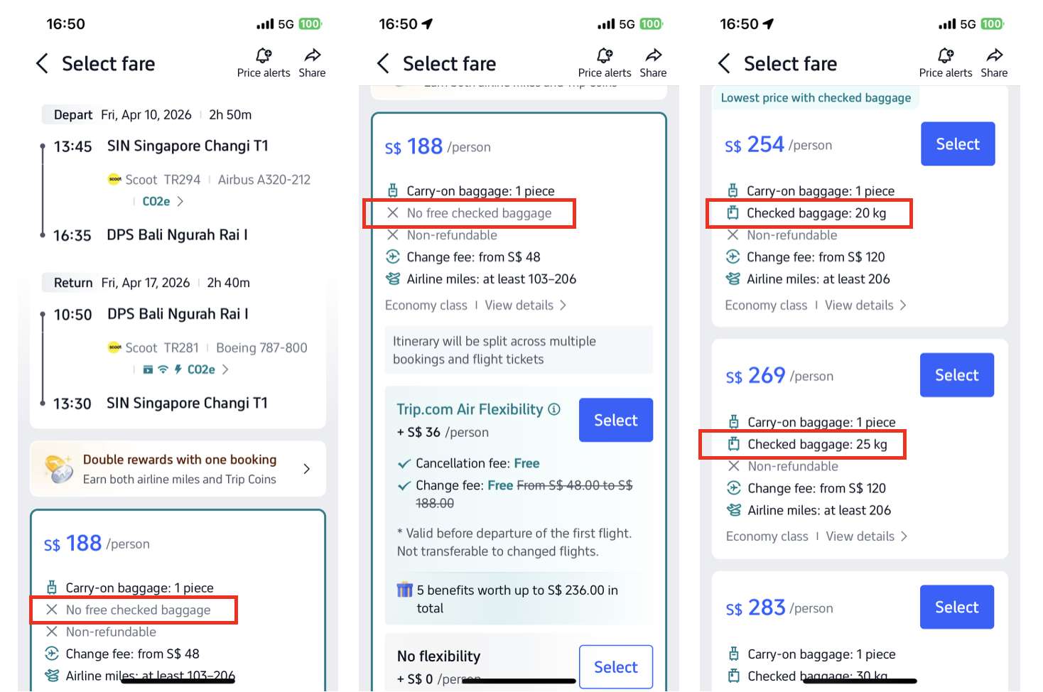 trip.com app fare types