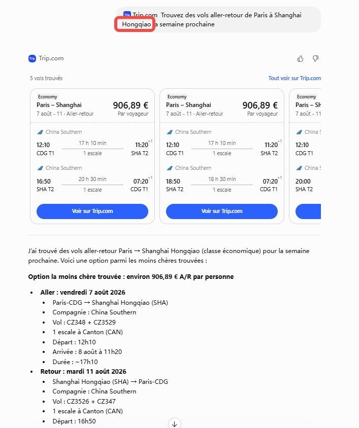 vols paris a shanghai honqiao