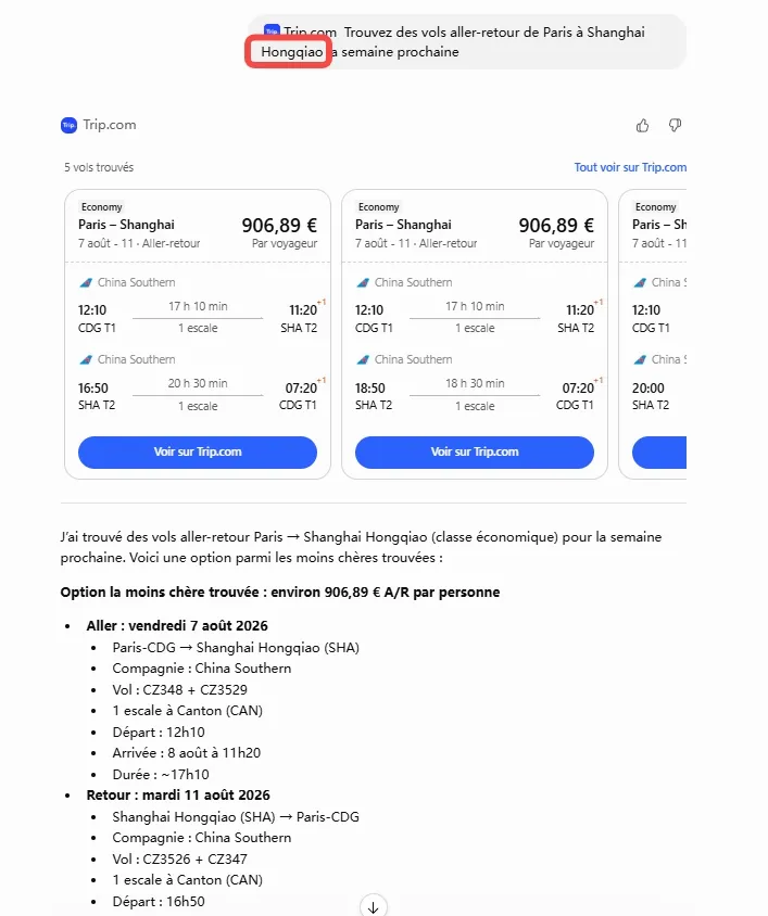 vols paris a shanghai honqiao