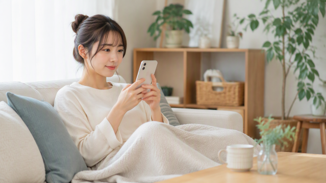 自宅でスマホ操作する女性