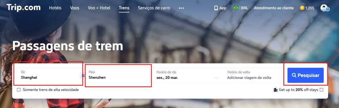 Reserva on-line de trens na China: faça login no site da Trip.com.