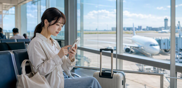 空港でスマホを使う日本人
