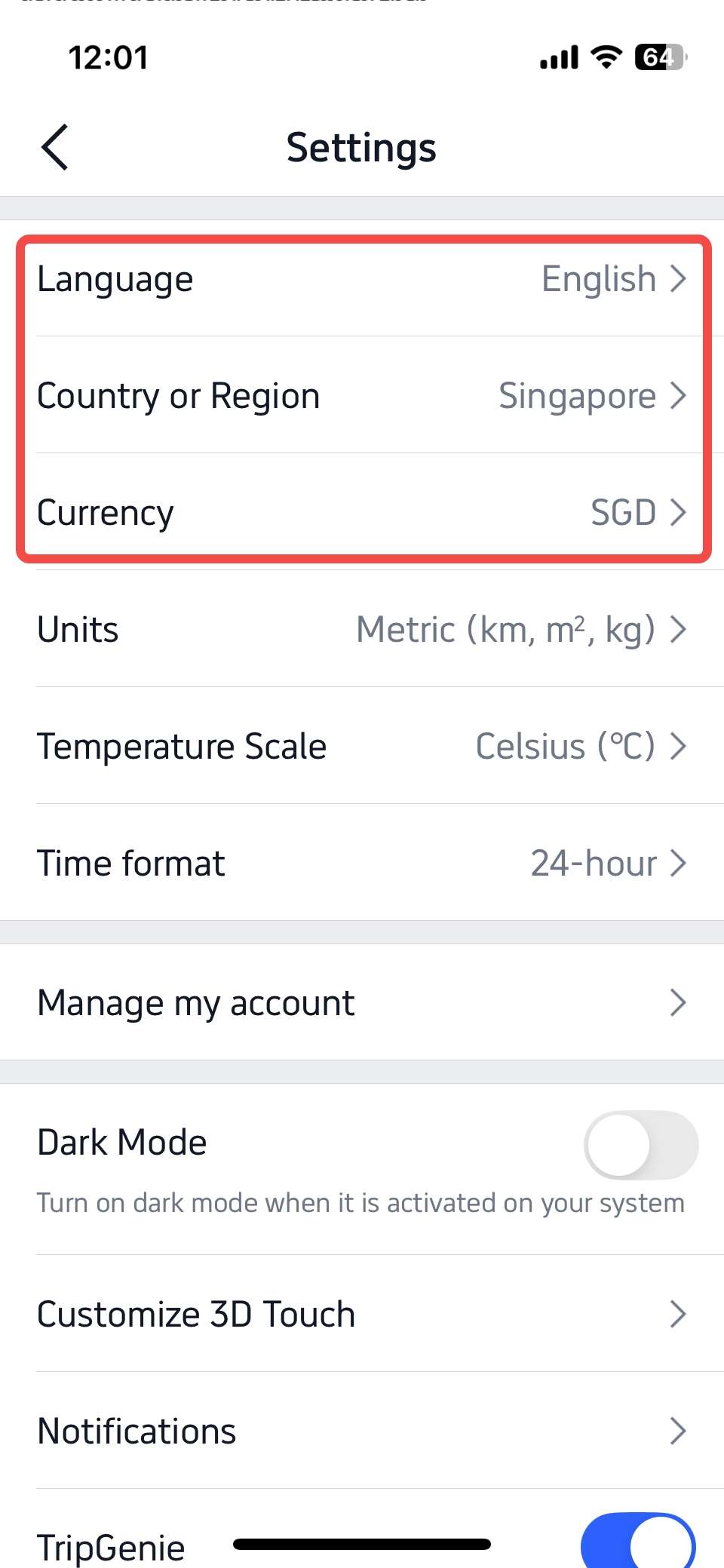 trip.com app account setting page