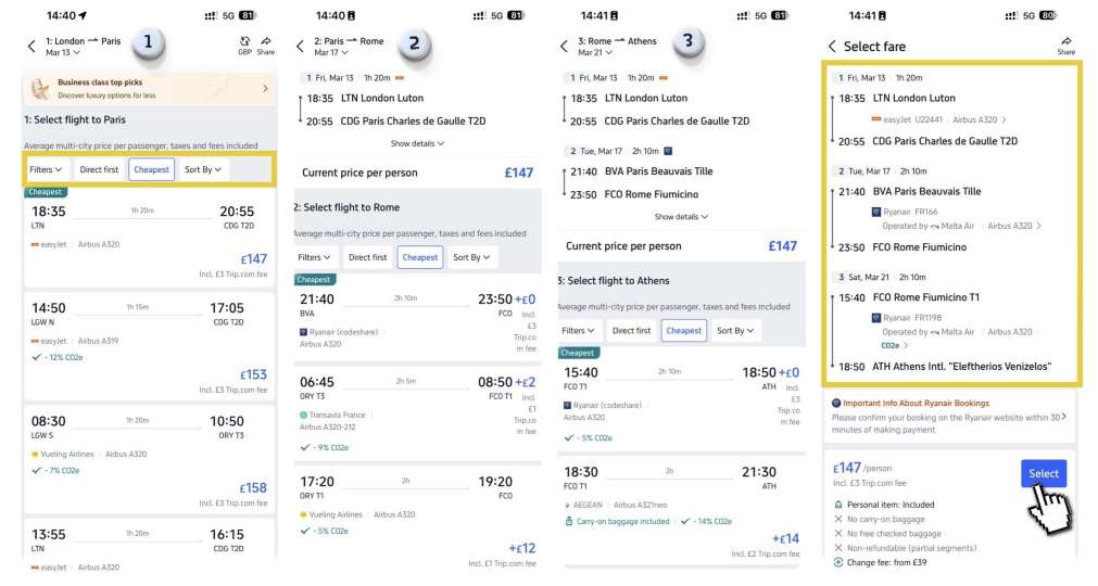 How to Book Multi-City Flights on Trip.com: Select your flights