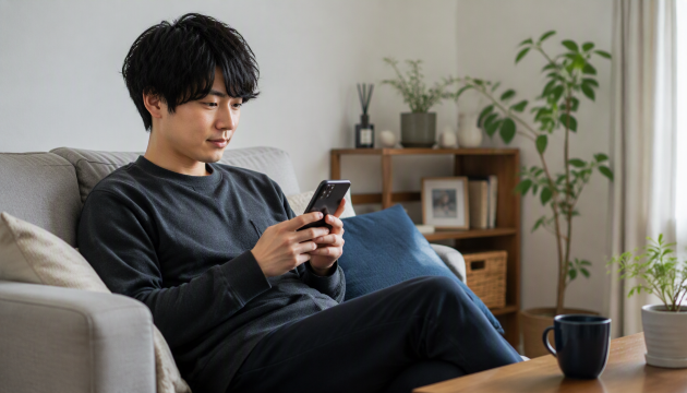 自宅でスマホを使う男性