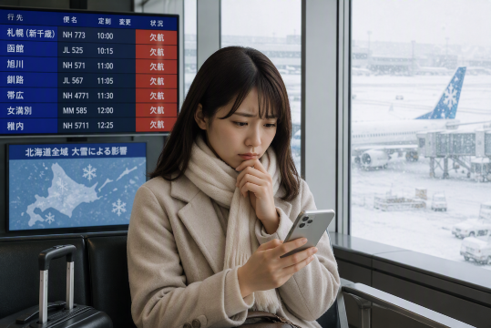 雪で欠航、女性がスマホ操作