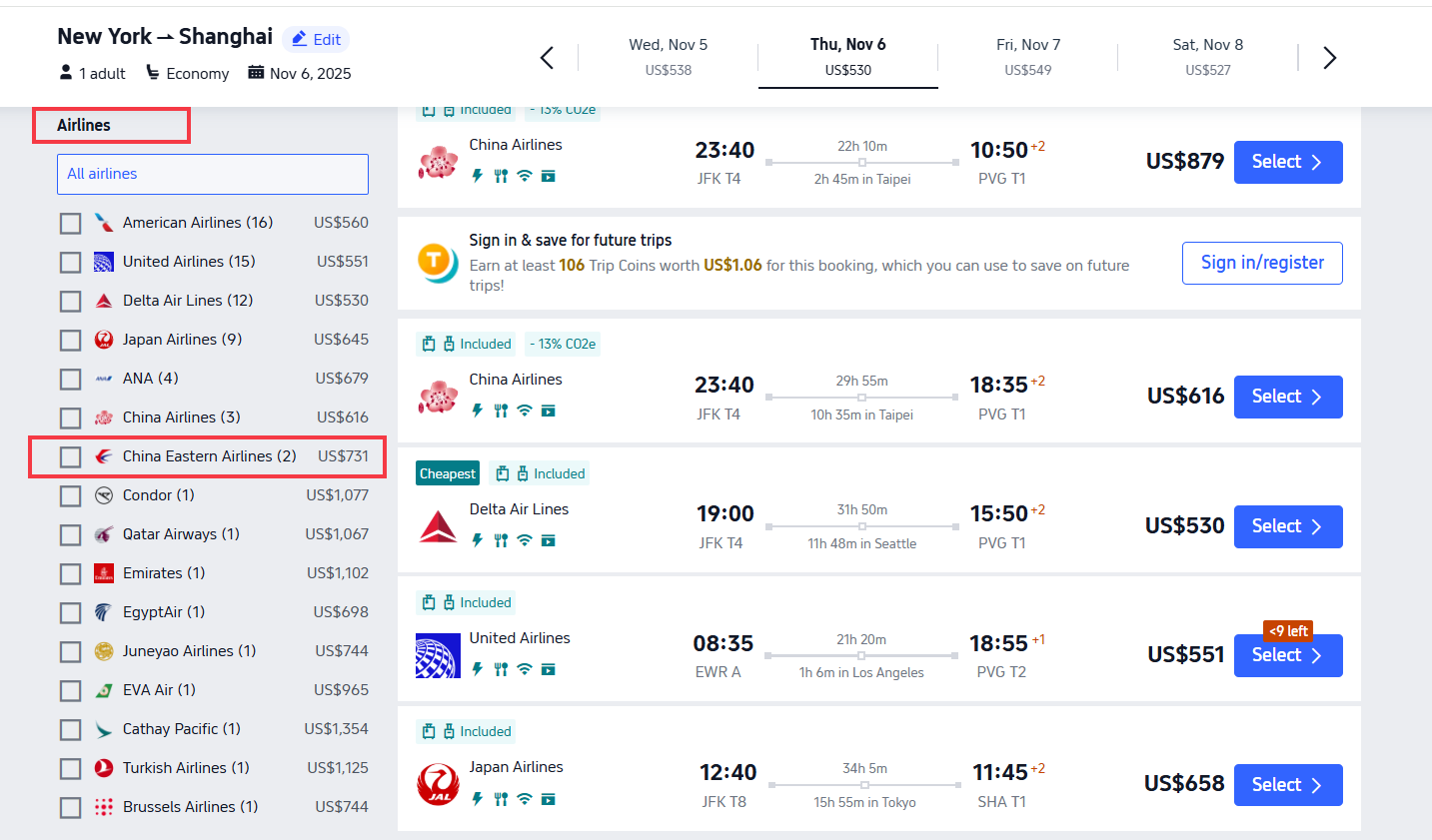 New York to Shanghai Flights Booking Page on Trip.com