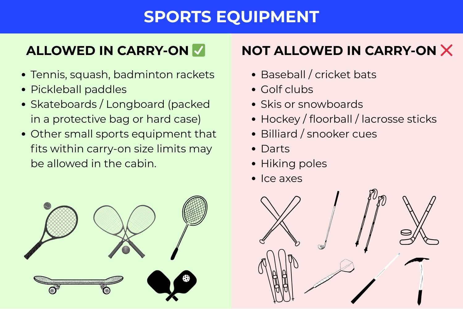 carry-on baggage restrictions for sports equipment 