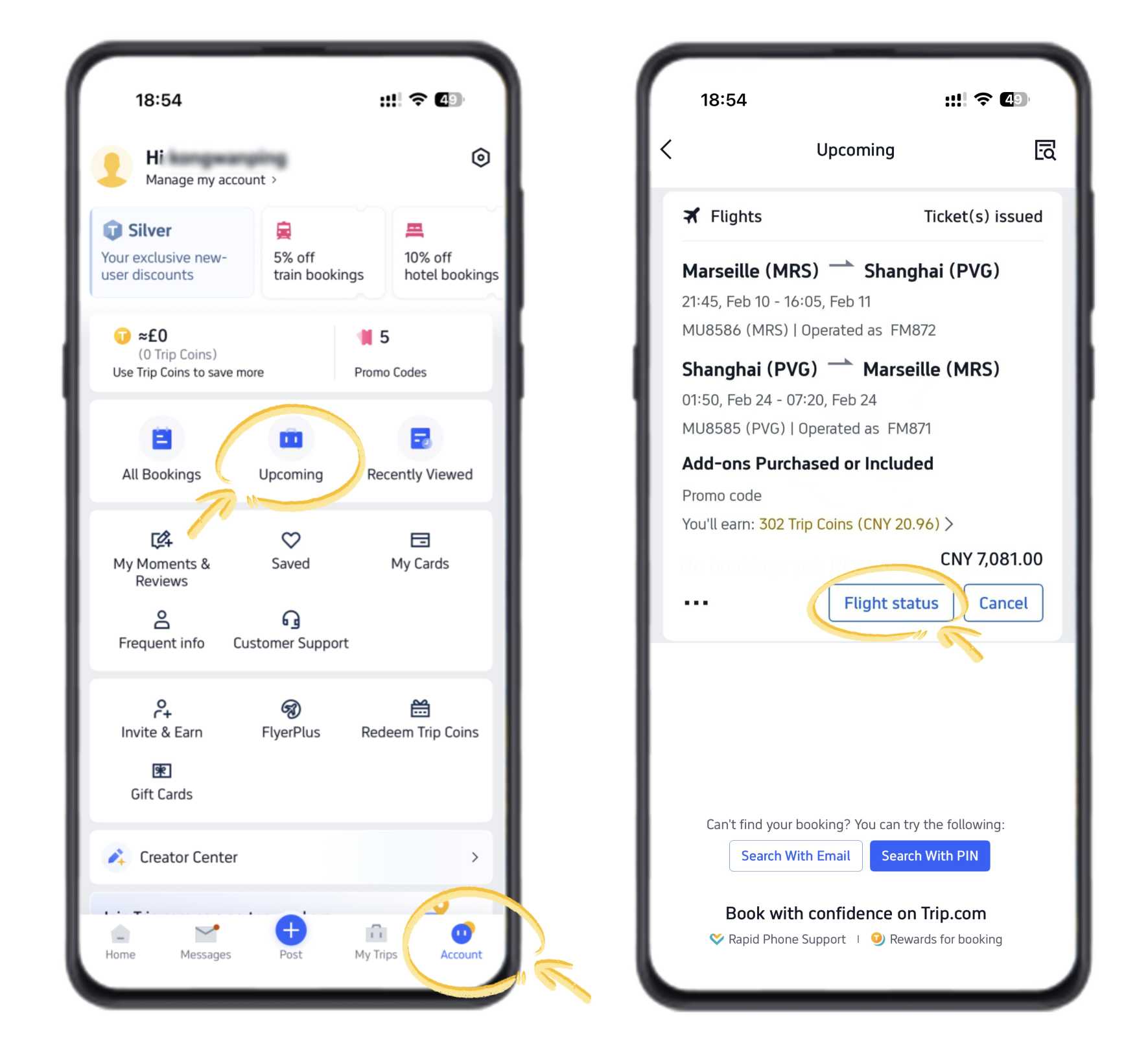 So verfolgen Sie den Flugstatus in der Trip.com App