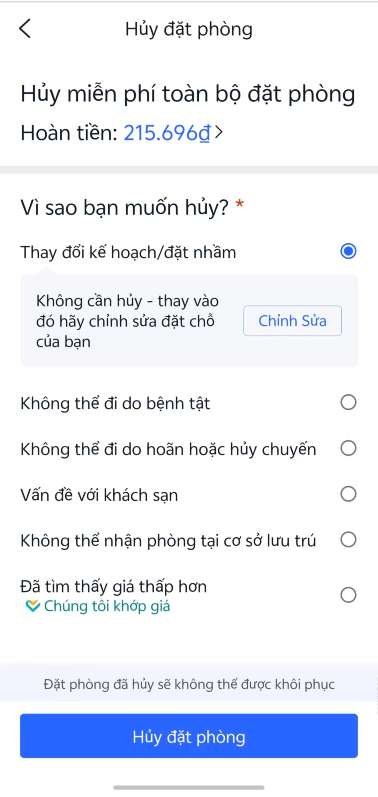 hủy đặt phòng khách sạn trip.com