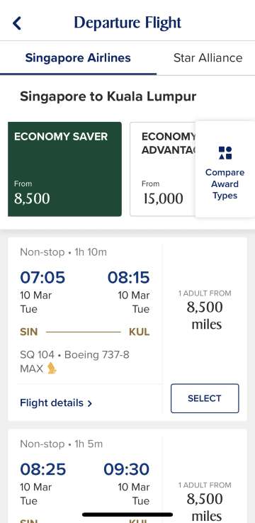 singapore airlines app selecting departure flight page