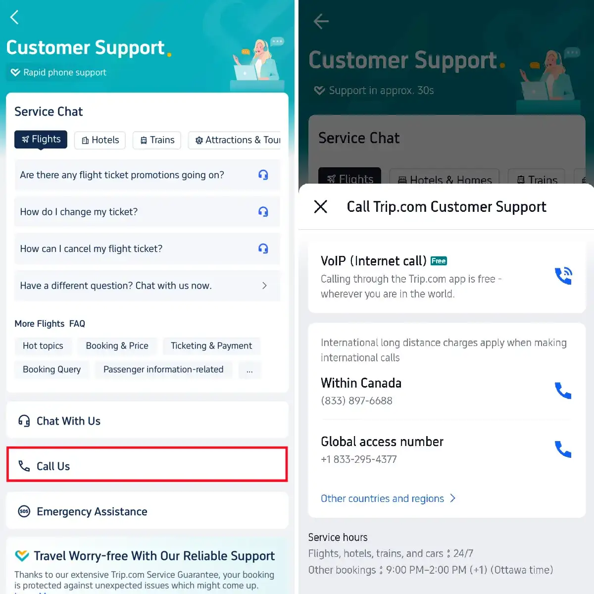 Trip.com Customer Service call center accessing global numbers