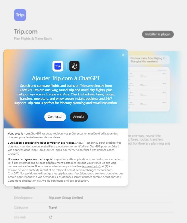 application Trip.com dans ChatGPT