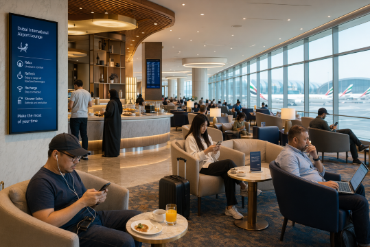 transit travellers in dubai airport lounge