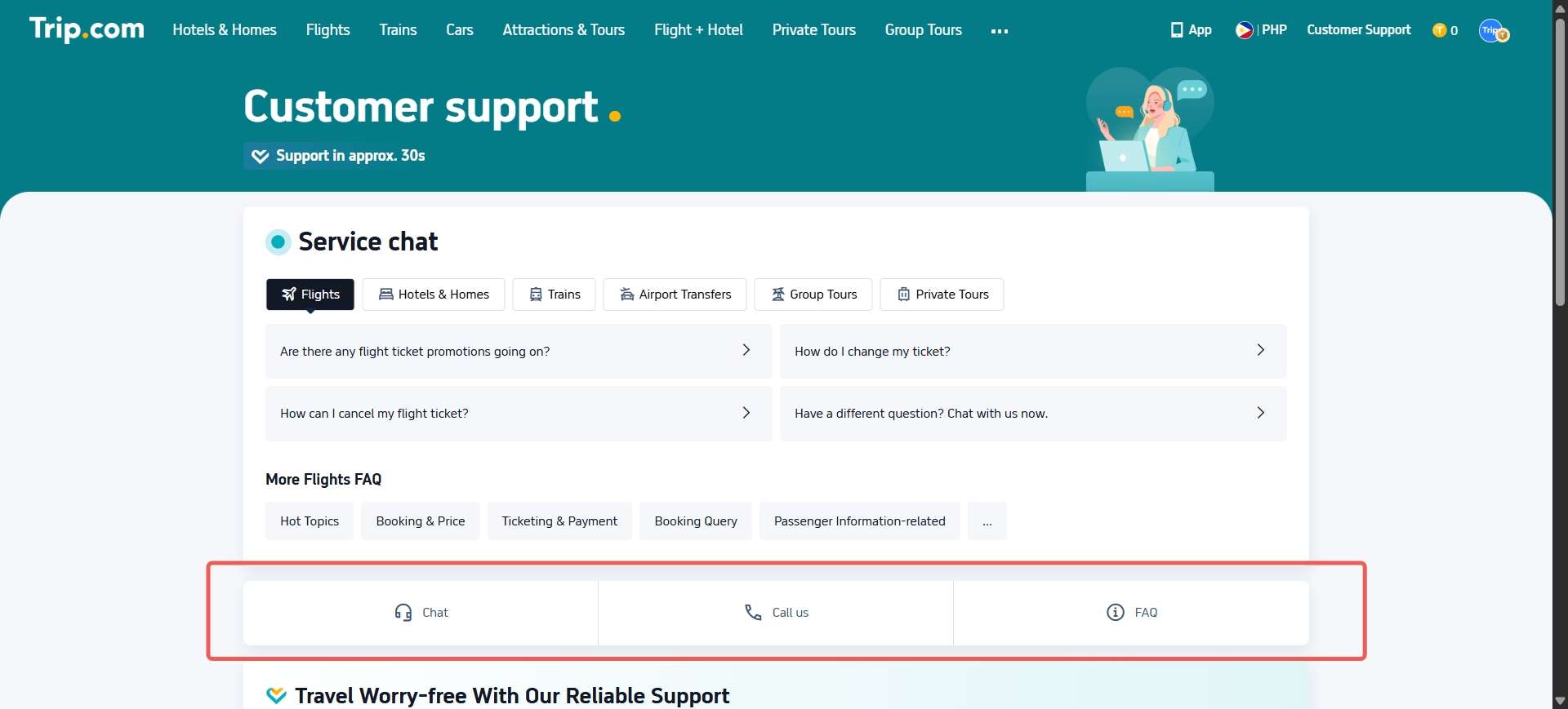 Step 1: Tap "Customer Support" at the Top of the Trip.com website
