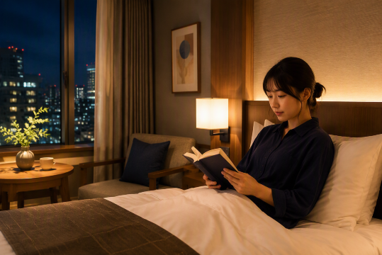 ホテルで読書する日本人