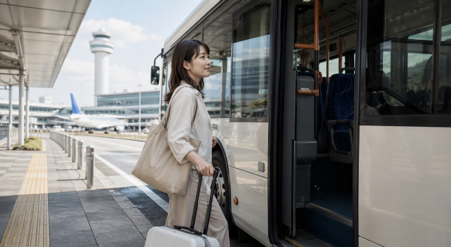 空港バス乗る女性