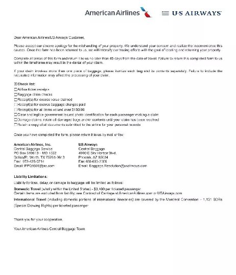 Baggage Claim Form AA