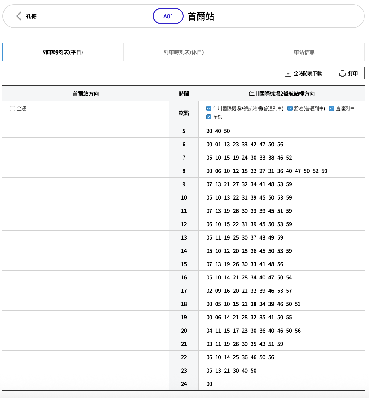 AREX 首爾站| 平日列車時間表
