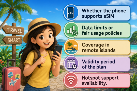 write these words in photo cartoon
Whether the phone supports eSIM
Data limits or fair usage policies
Coverage in remote islands
Validity period of the plan
Hotspot support availability