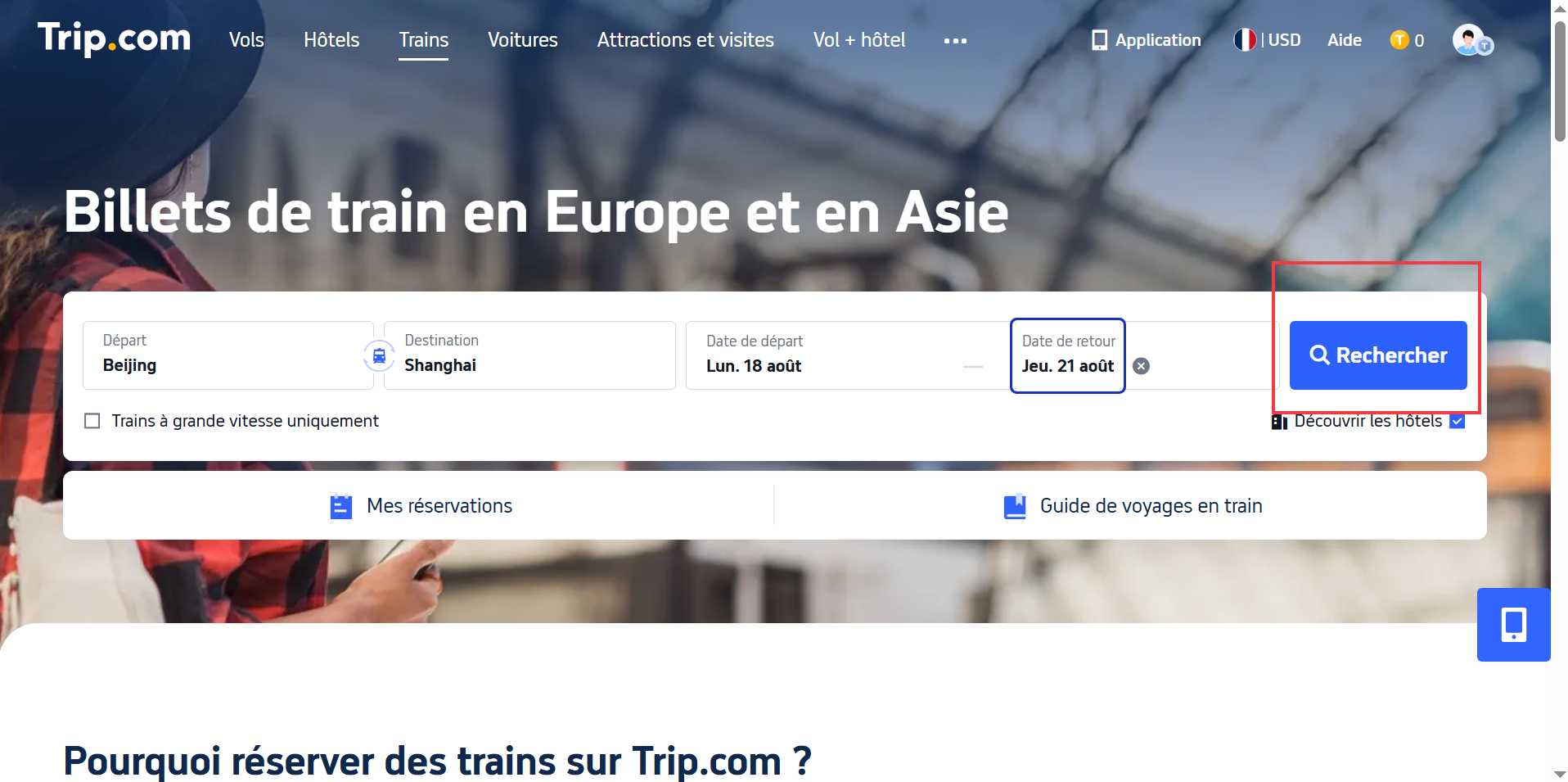 réserver un billet de train sur Trip.com