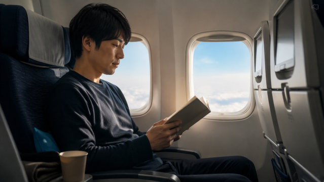 機内で読書する男性