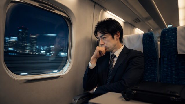 夜の新幹線で悩む人