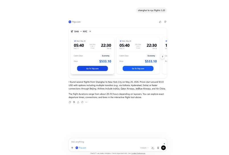 Trip.com flights search result inside GPT