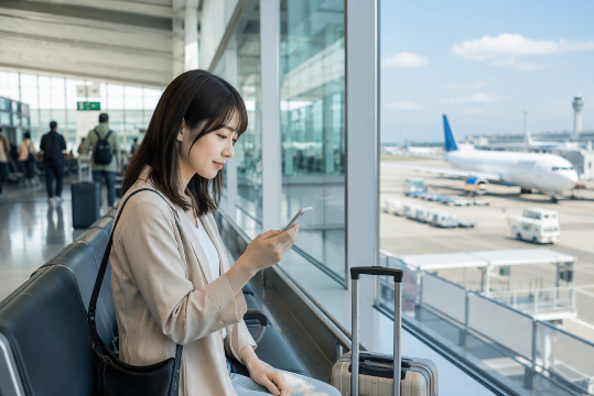 空港でスマホ確認