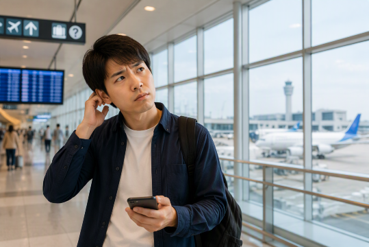 空港で首傾げる日本人