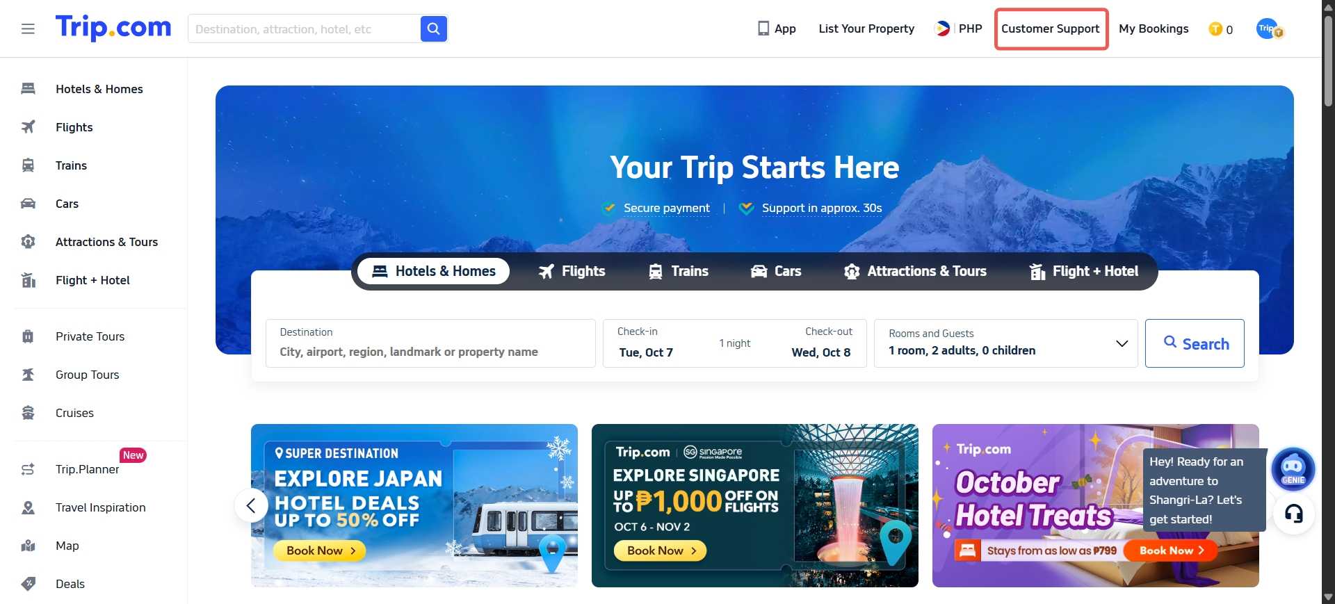 Step 1: Tap "Customer Support" at the Top of the Trip.com website