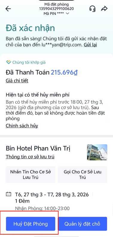 Hủy đặt phòng khách sạn trip.com