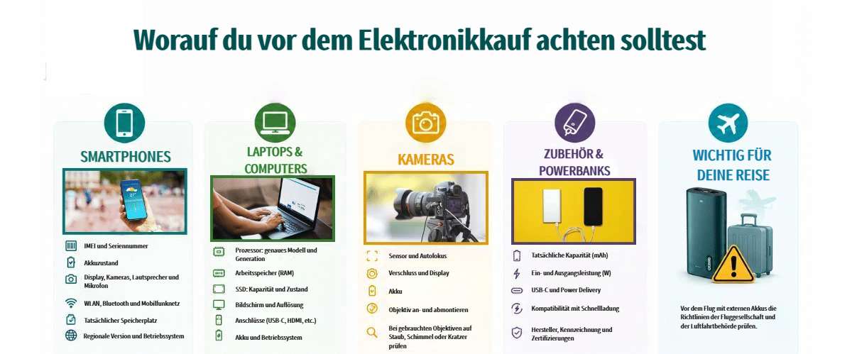 Infografik mit den wichtigsten Punkten, die man vor dem Kauf von Elektronik prüfen sollte: Smartphones, Computer, Kameras, Zubehör und Powerbanks