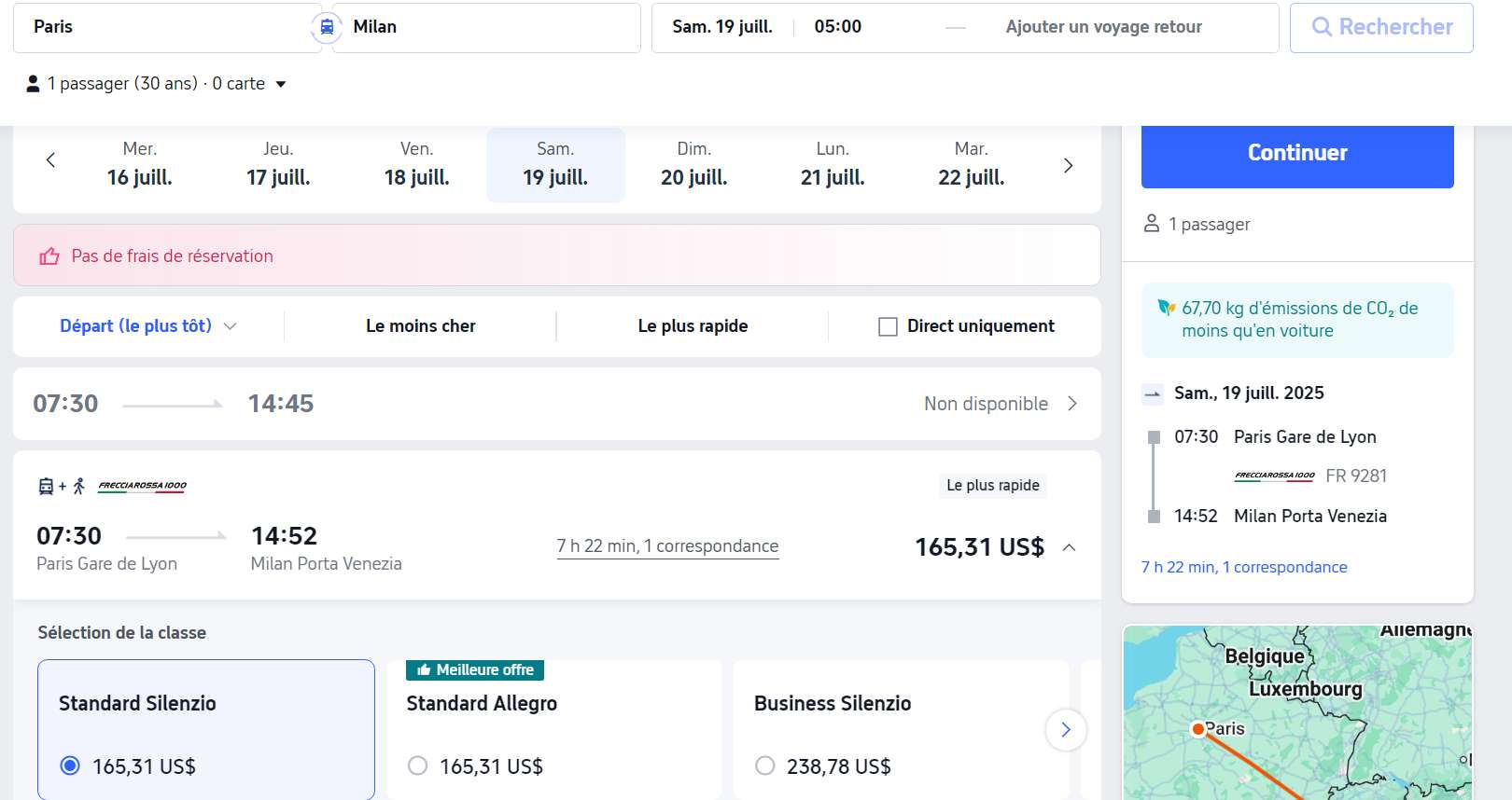 payer pour le billet de train pour France ver Italie