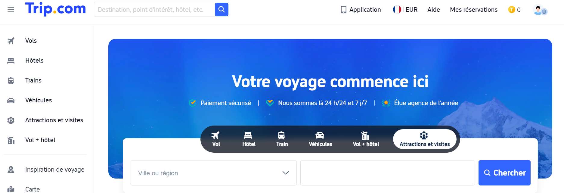 Réservation des billets de vols/trains/hôtels avec Trip.com