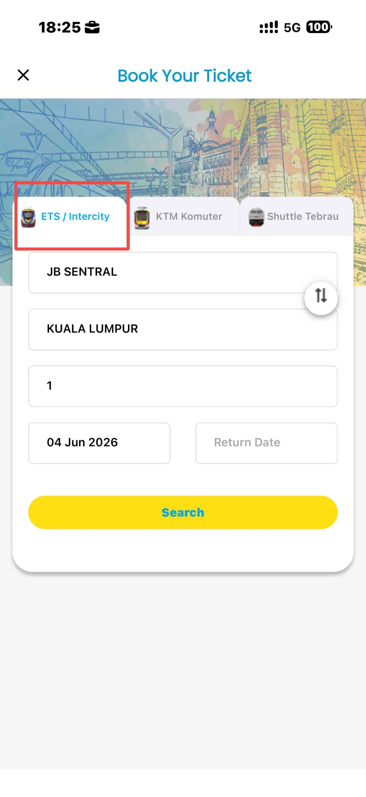 Select JB Sentral to Kuala Lumpur/ KL Sentral and  Pick your travel date