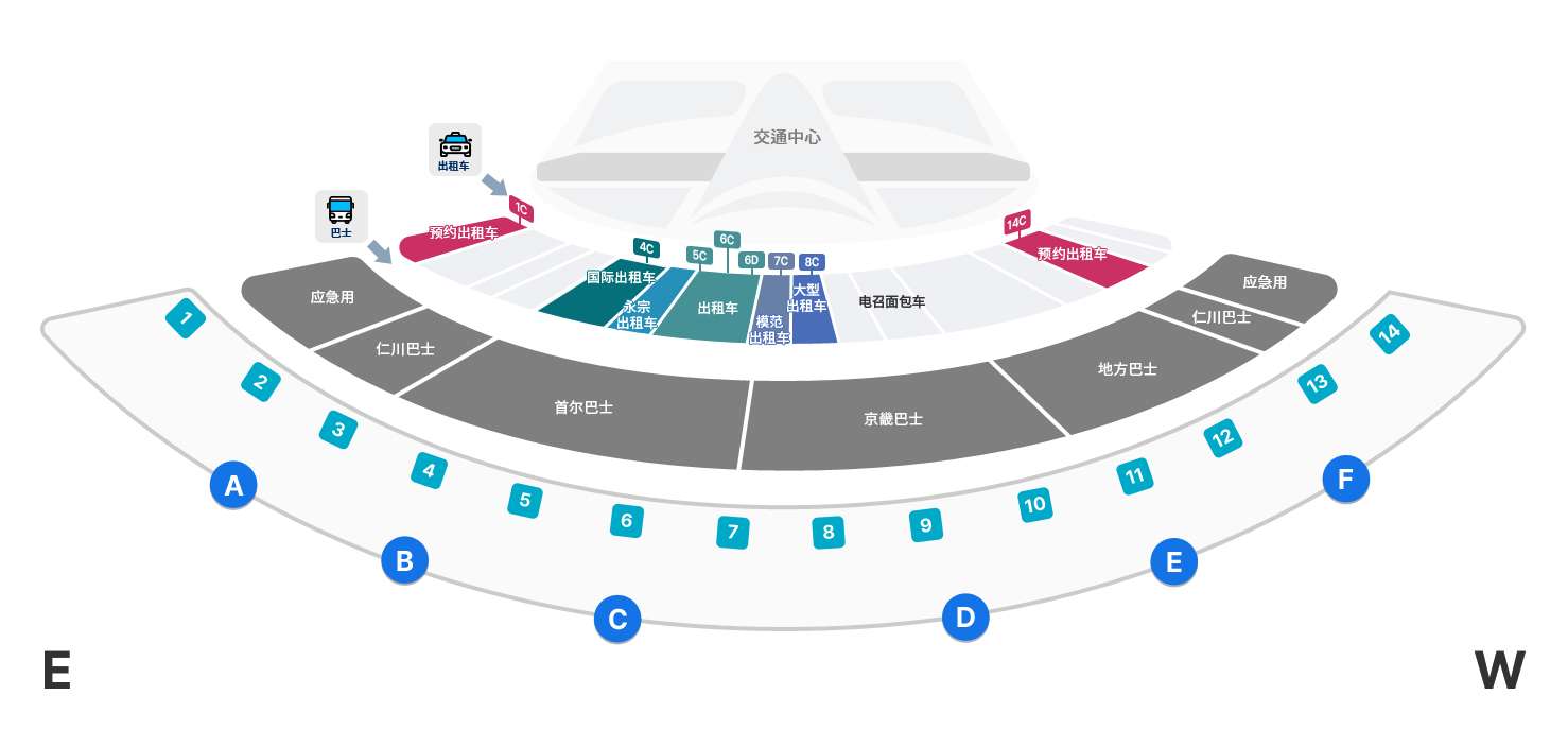 仁川機場第一航廈計程車、機場巴士平面圖