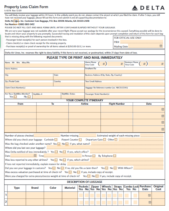Baggage Claim Form Delta