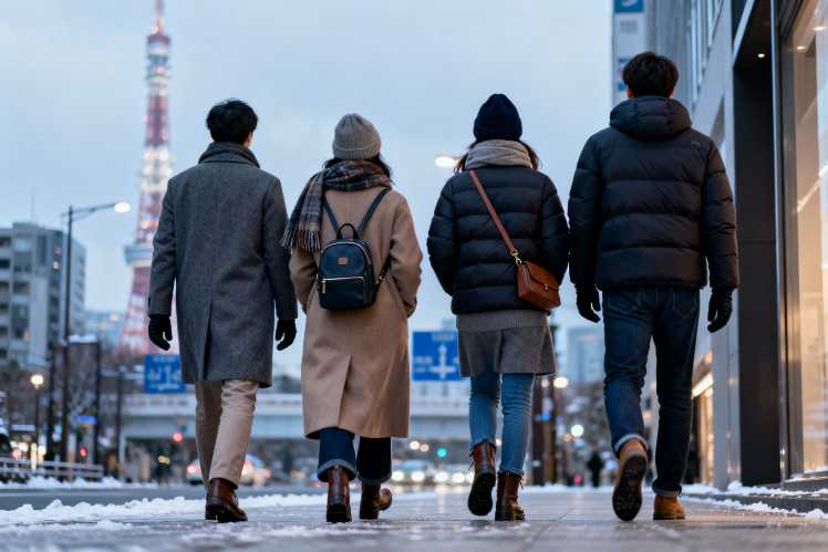 four tourists walking on the street of tokyo