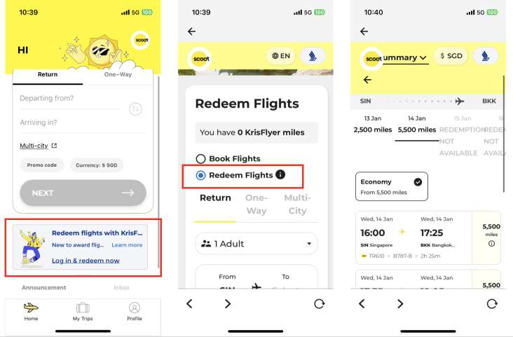 how to redeem award ticket on scoot app