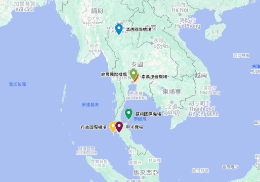 泰國主要機場位置圖