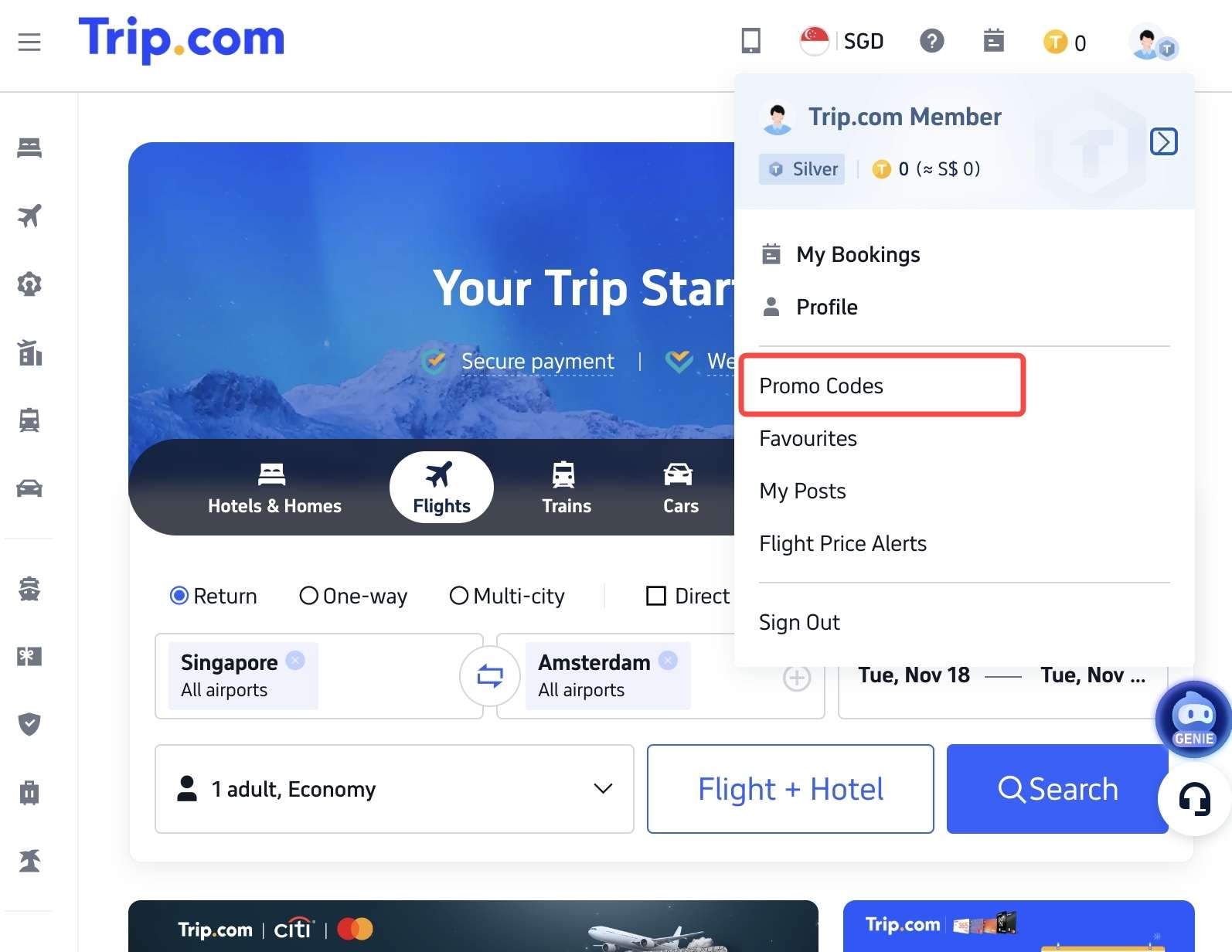 trip.com desktop main page account dropdown bar