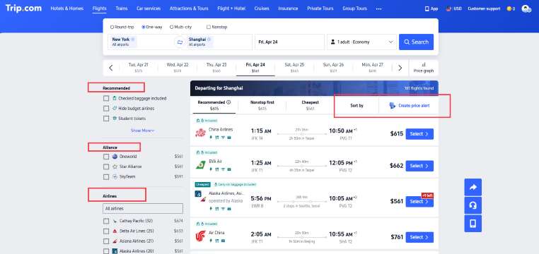 Filter and compare flight tickets on Trip.com