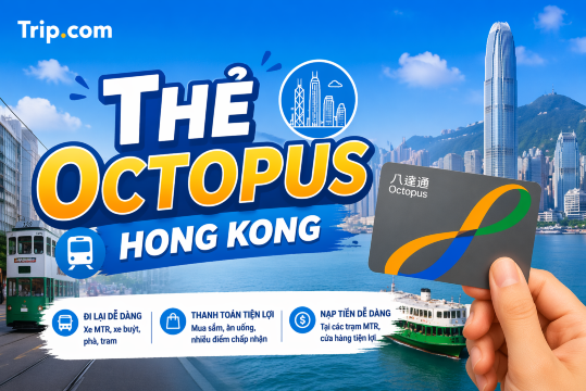 Hãy giúp tôi tạo ảnh bìa cho bài viết này với tiêu đề là "Thẻ Octopus Hong Kong". Vui lòng hiển thị tiêu đề bằng phông chữ lớn và đặt logo Trip.com ở góc trên bên phải hoặc bên trái nhé.
