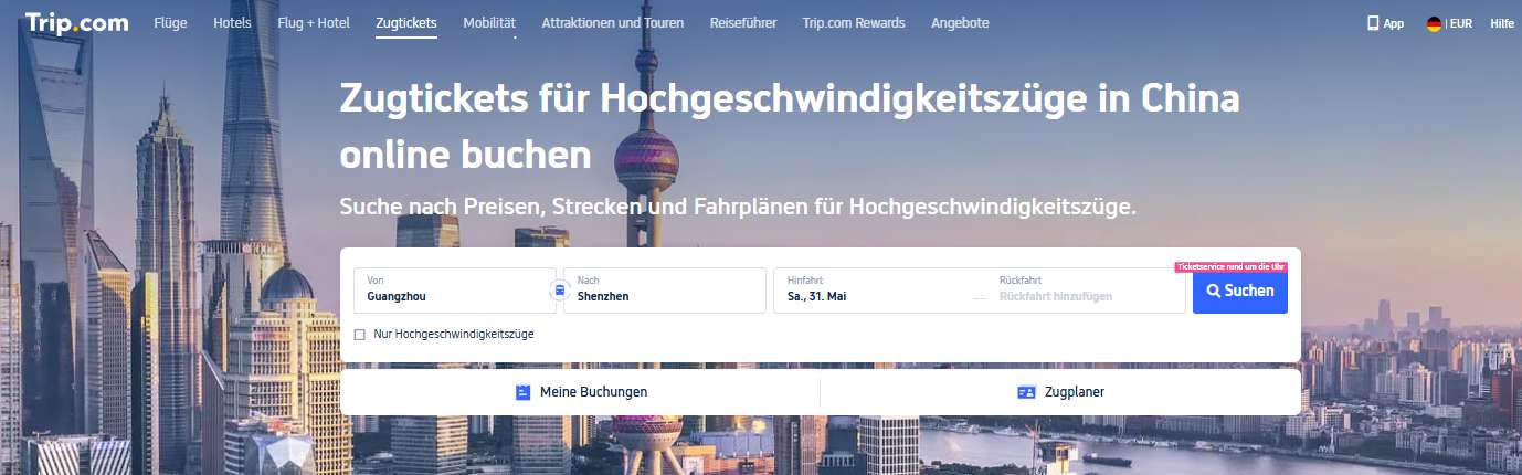 China-Zugtickets online mit Reisepass buchen