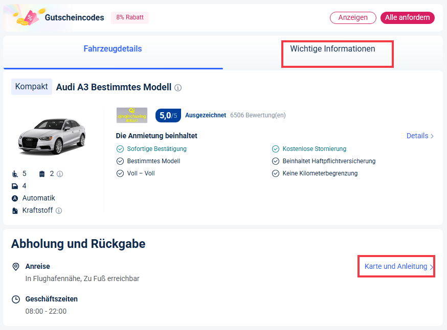 Fahrzeugdetails und Abholort prüfen